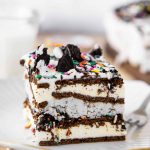 Slice of Ice Cream Sandwich Cake on a plate.