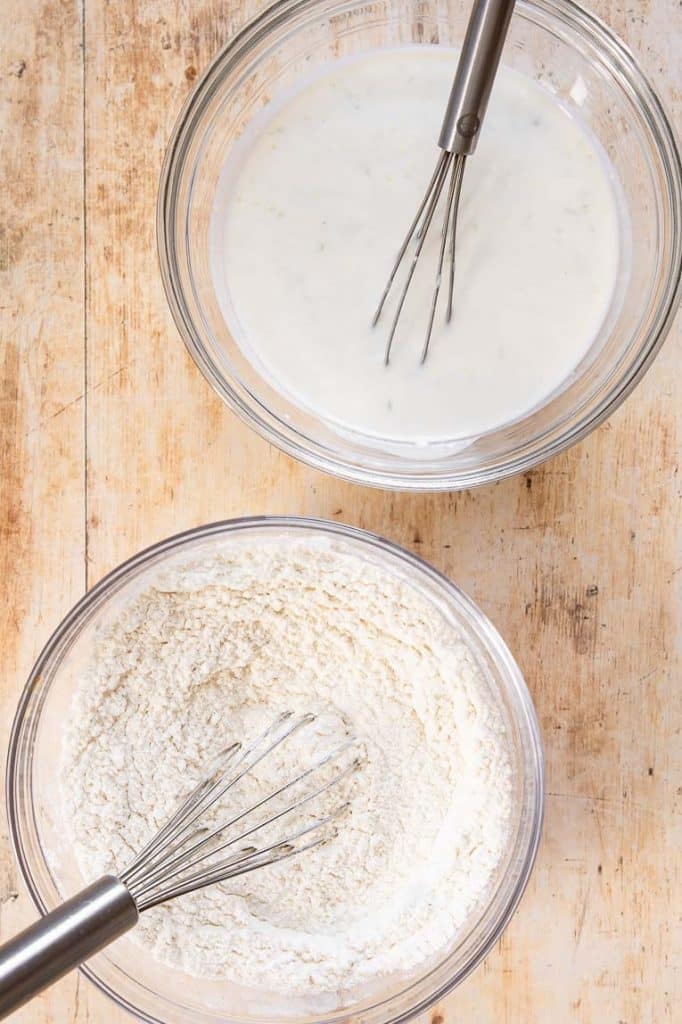 Ingredients in bowls being mixed.