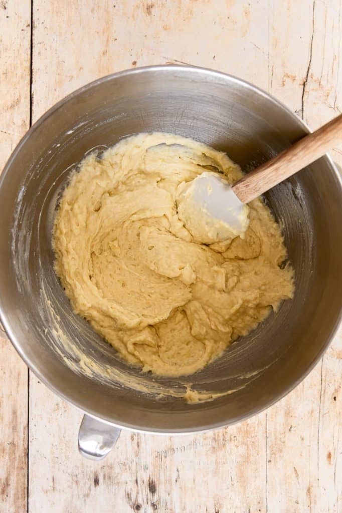 Cupcake batter mixed in large bowl.
