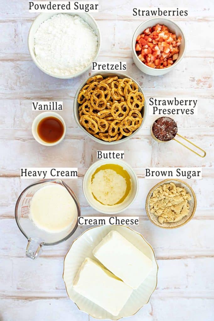 Ingredients for Strawberry Pretzel Dessert recipe.