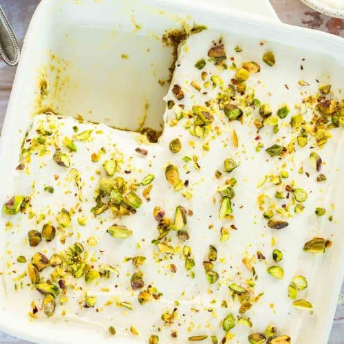 Top shot photo of Pistachio Dessert in a baking dish.