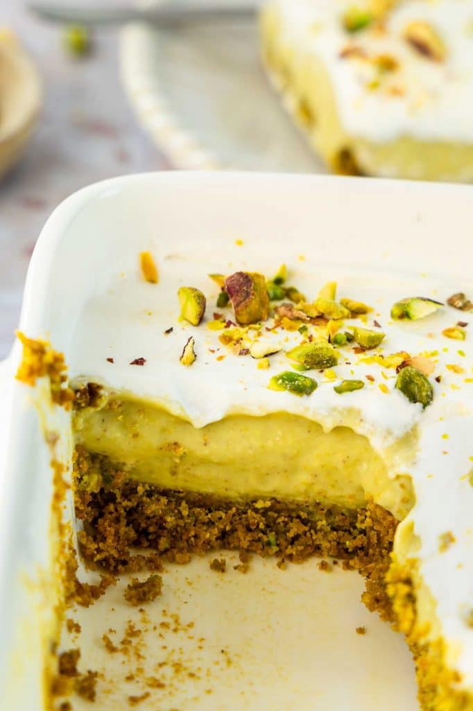 Angled photo of no-bake Pistachio Dessert recipe.
