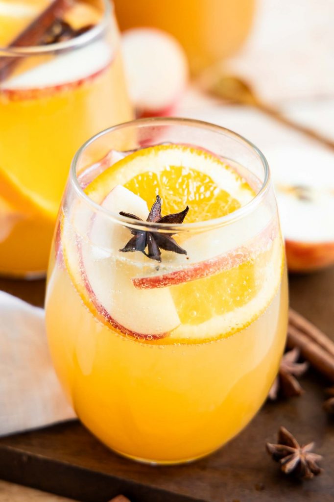 Close up angled view of Apple Cider Sangria.