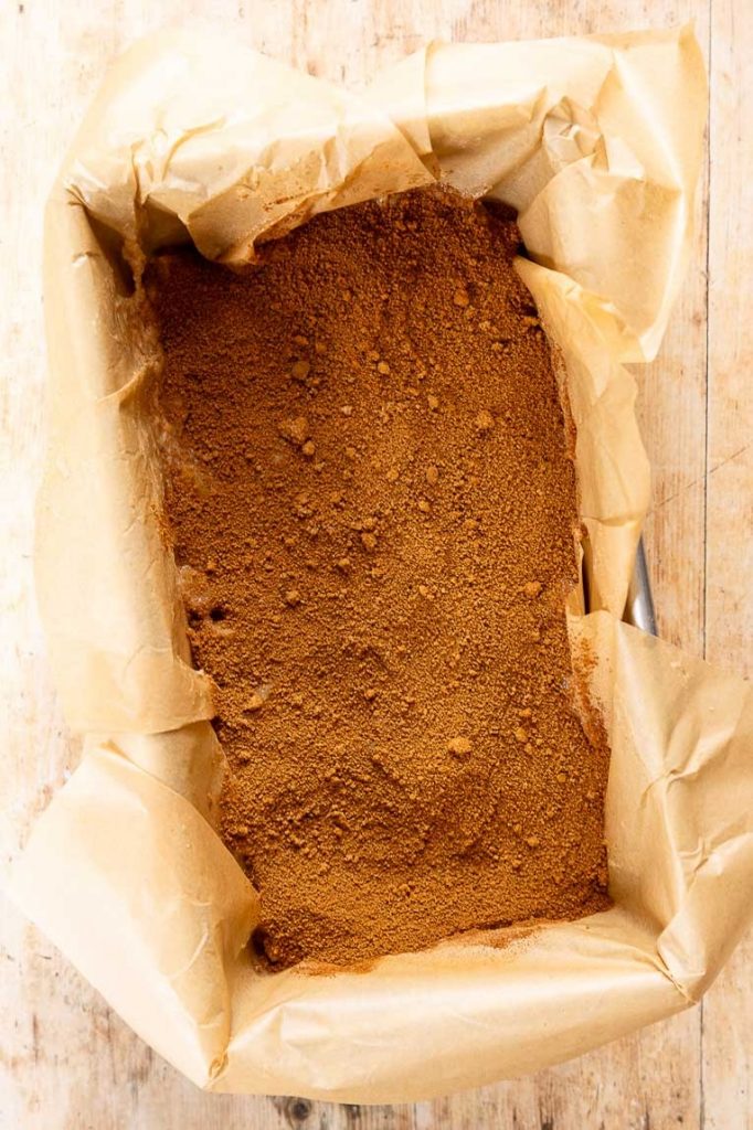 Cake Batter with cinnamon in loaf pan.