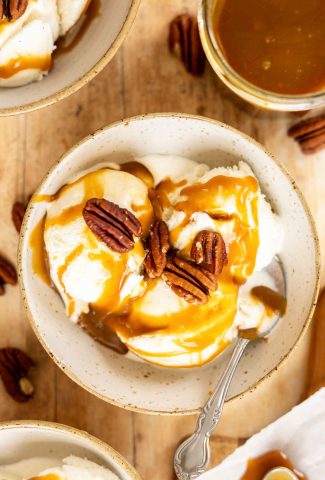Caramel sauce on vanilla ice cream.