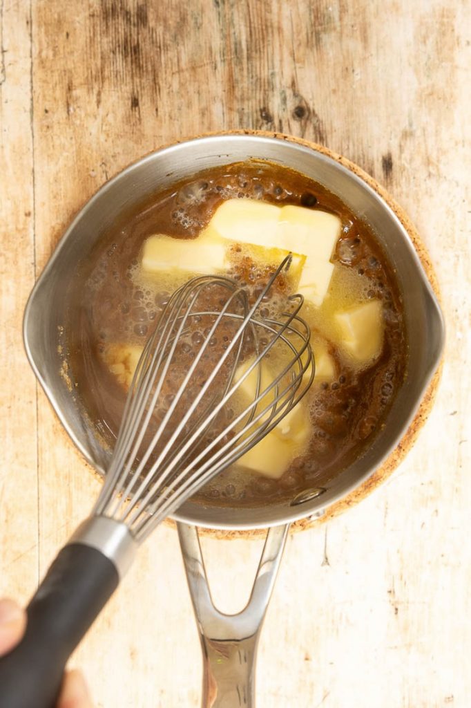 Sugar and butter in sauce pan.
