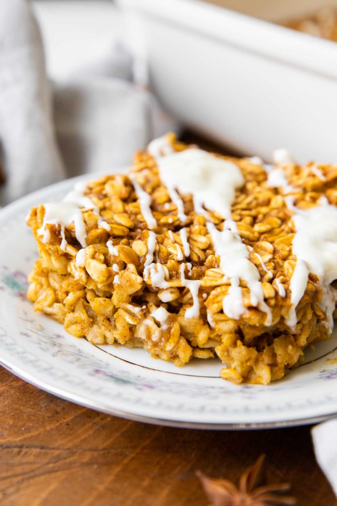 Pumpkin baked oatmeal on a plate.