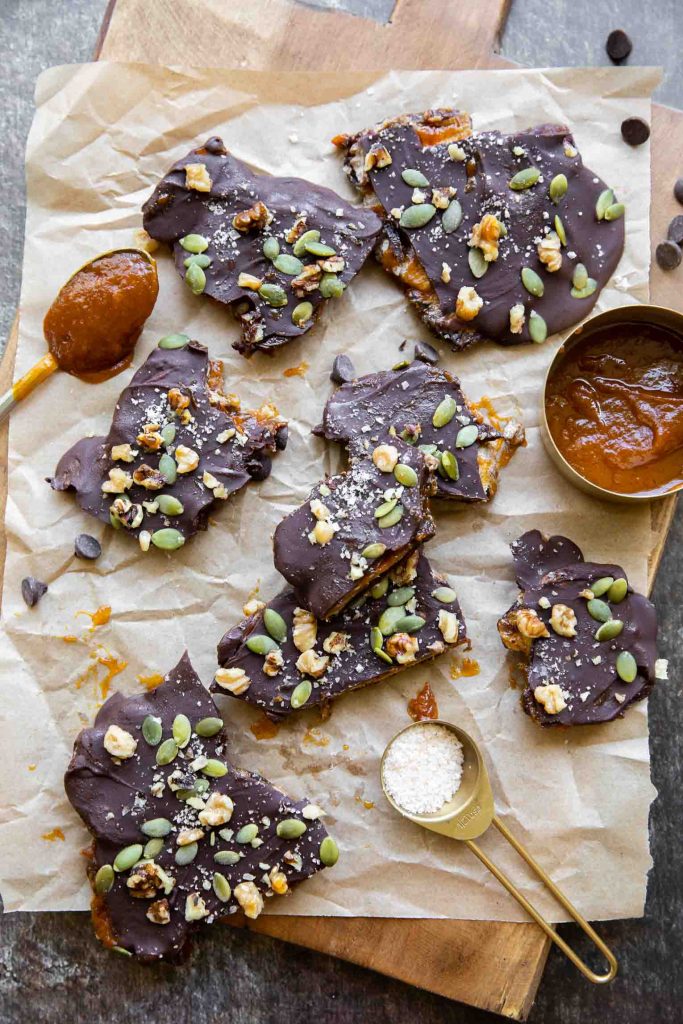 Pumpkin Butter Date Bark on parchment paper.