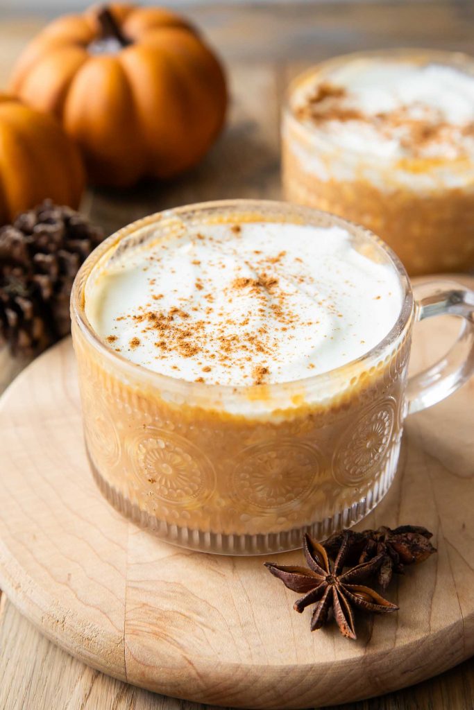 Pumpkin Overnight Oats in a glass mug.