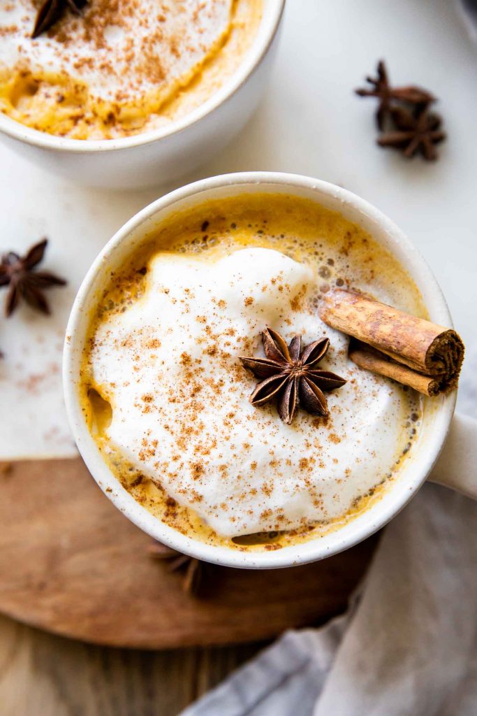 Top view pumpkin spice chai latte.