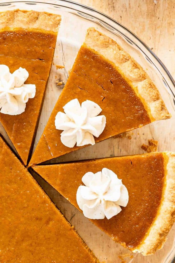 Top close up view pumpkin pie.