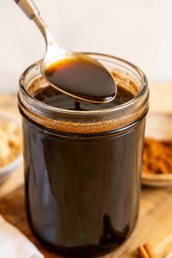 Angled image brown sugar syrup.