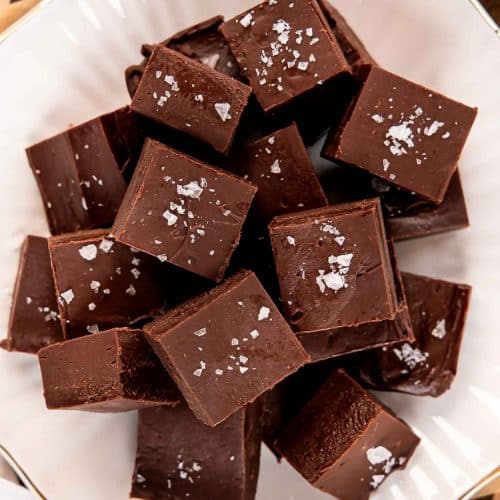 Dark Chocolate Fudge on a white plate.