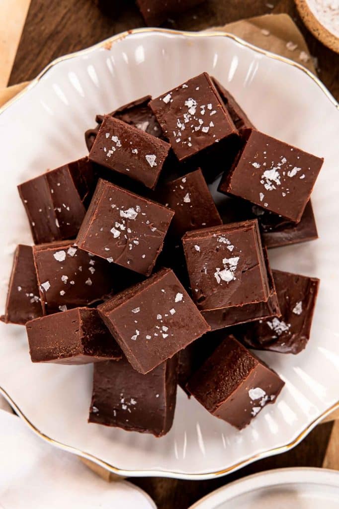 Dark Chocolate Fudge on a white plate.