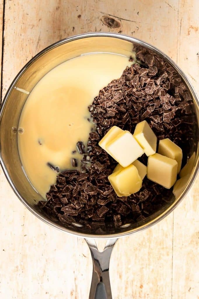 Dark Chocolate Fudge ingredients in a pan.