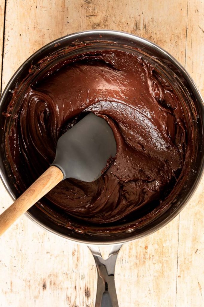 Melted fudge in a pan.