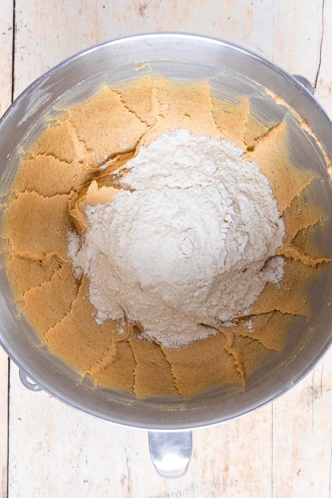 Peanut butter cookie ingredients in a bowl.