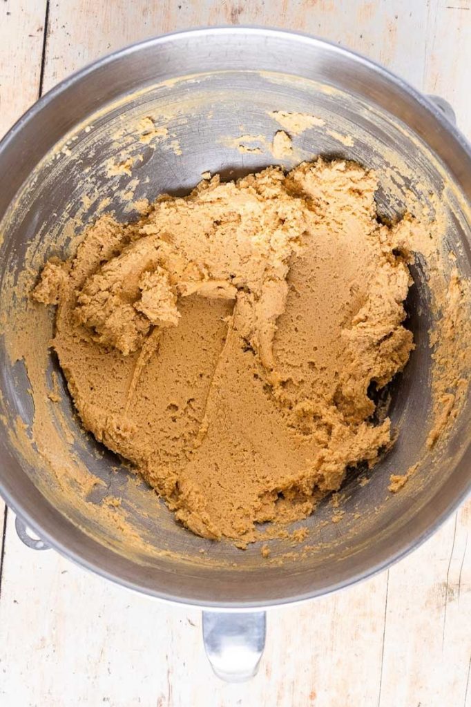 Peanut butter cookie ingredients in a bowl.
