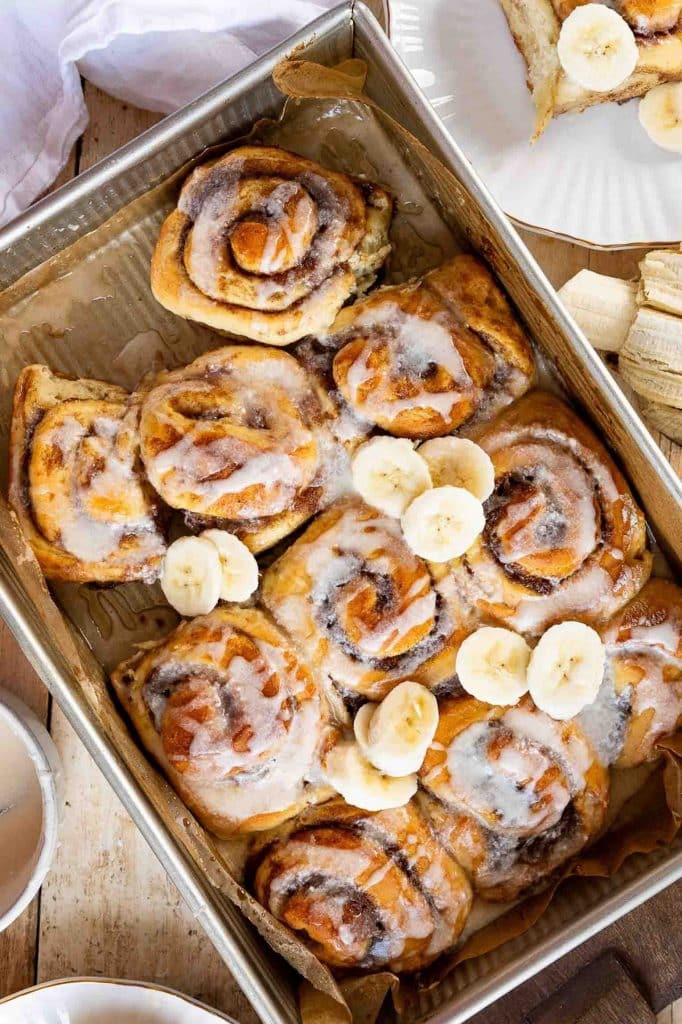 Banana Bread Cinnamon Rolls in a baking pan.