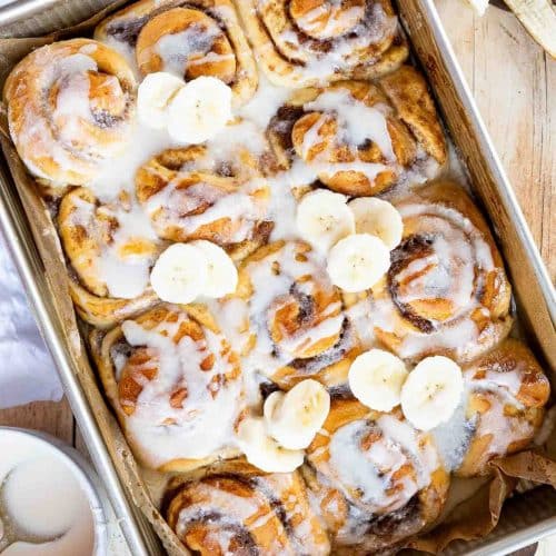 Banana Bread Cinnamon Rolls in a baking pan.
