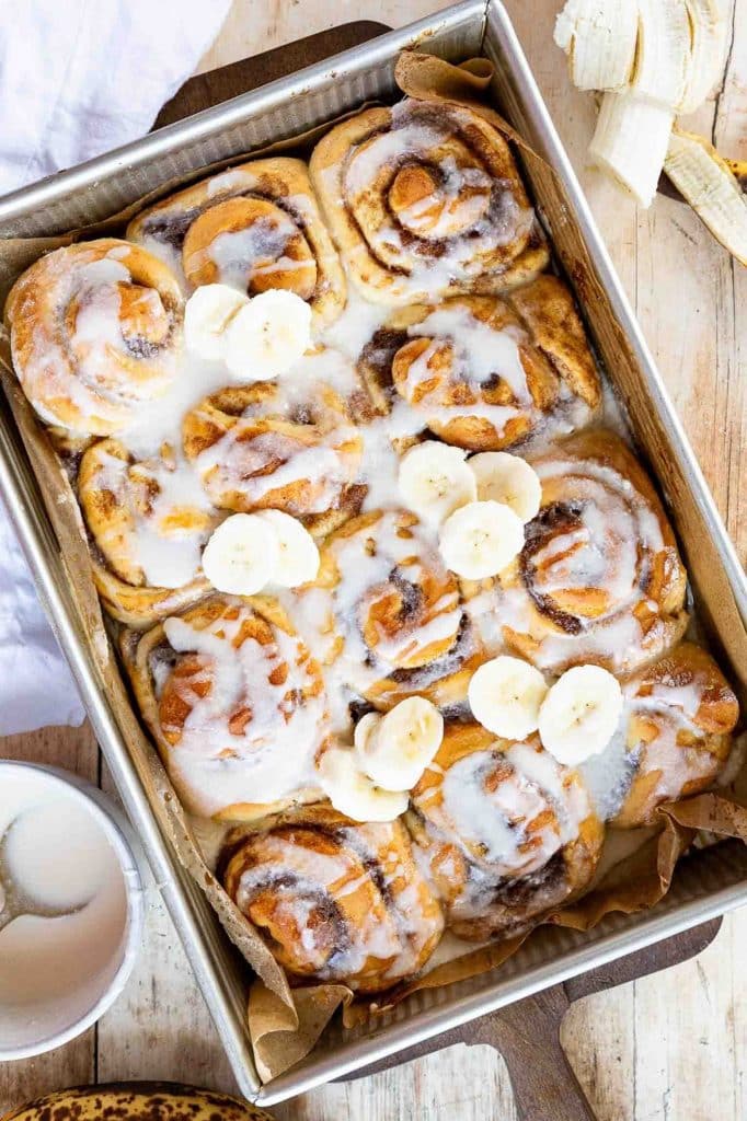 Banana Bread Cinnamon Rolls in a baking pan.