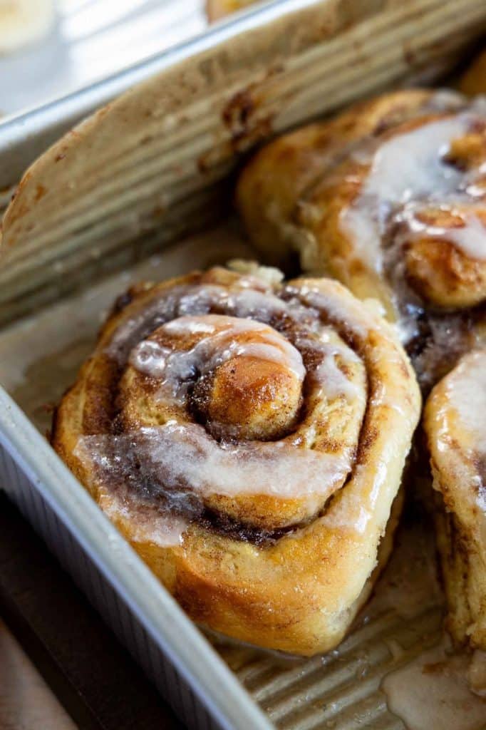 Banana Bread Cinnamon Roll in a baking pan.
