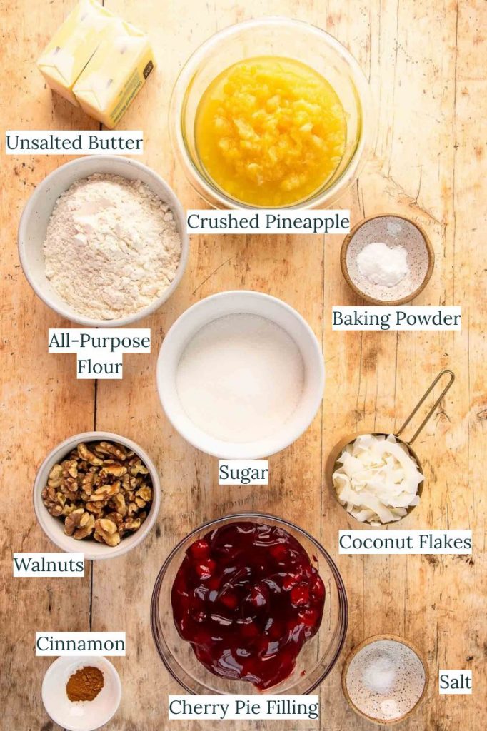 Cherry pineapple dump cake ingredients.