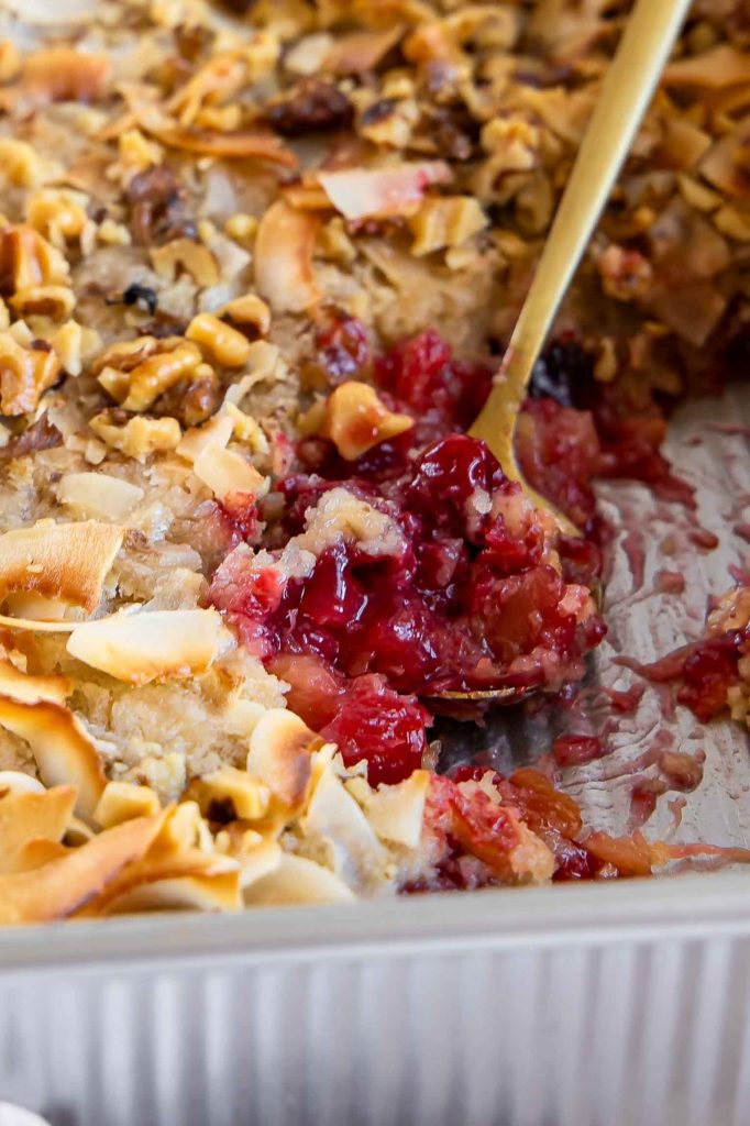 Close up of cherry pineapple dump cake in a pan.
