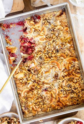 cherry pineapple dump cake in a pan.
