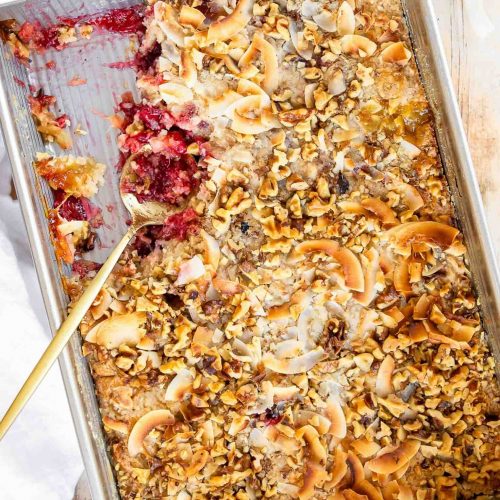 cherry pineapple dump cake in a pan.