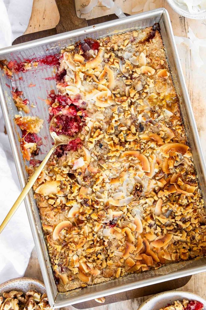 cherry pineapple dump cake in a pan.