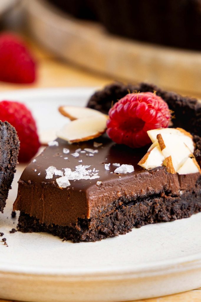 Chocolate tart slice on a plate.
