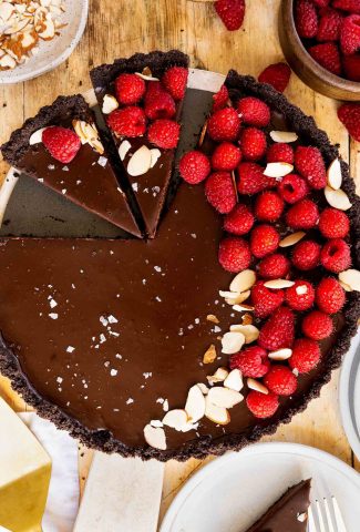 Chocolate tart in a round pan.