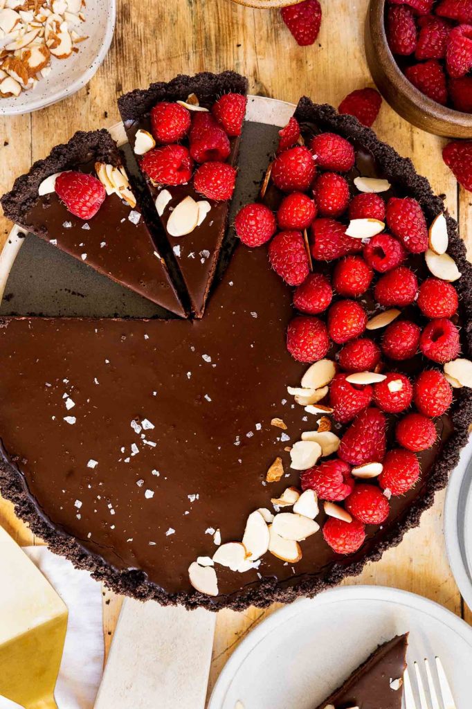 Chocolate tart in a round pan.