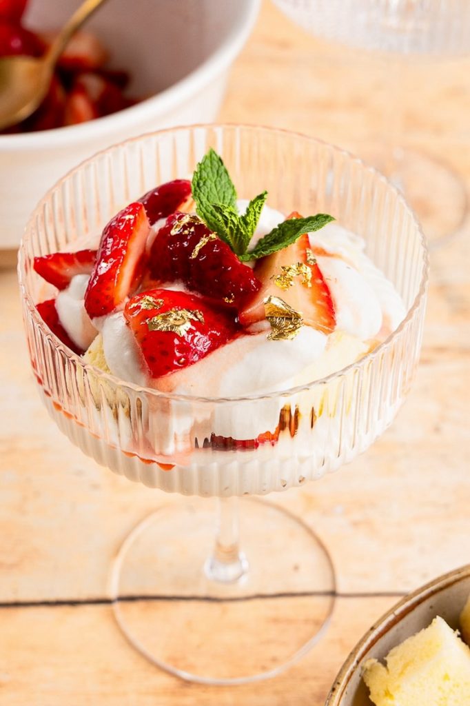 Strawberries and Cream dessert in a dessert cup.