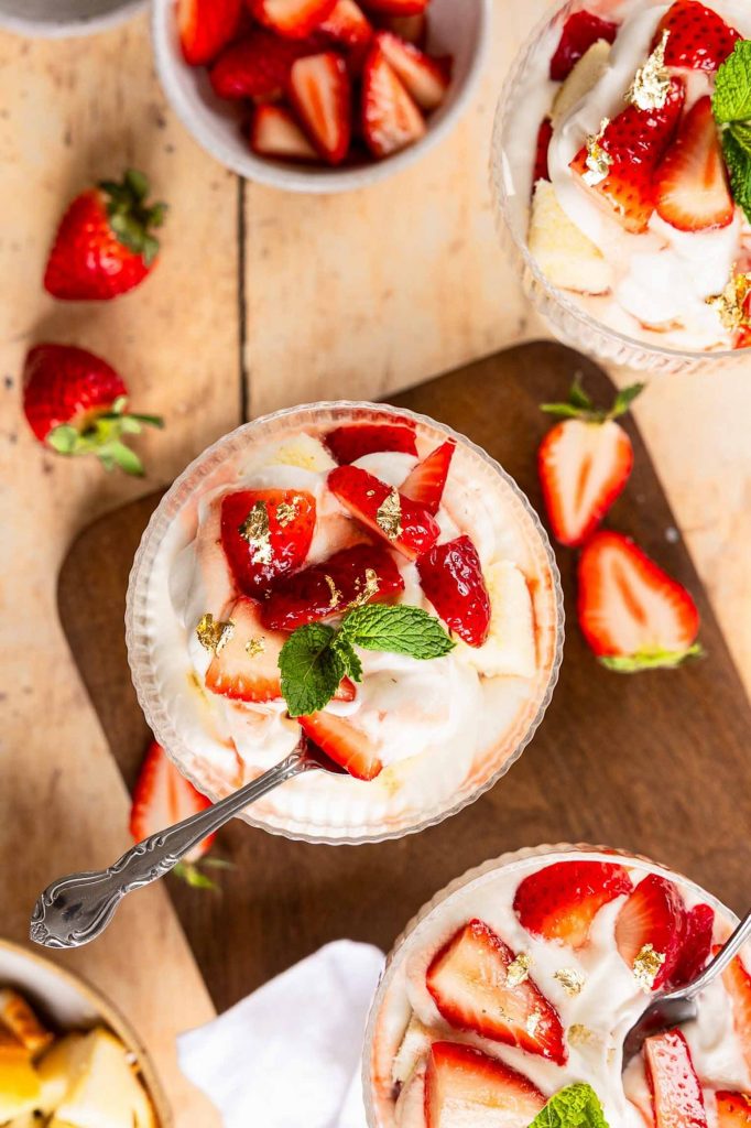 Top view of Strawberries and Cream dessert in a dessert cup.