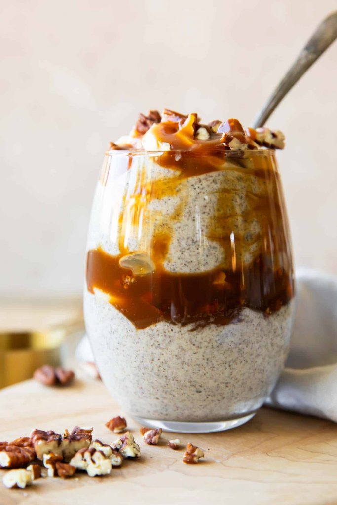 Dulce De Leche Chia Seed Parfait in a clear glass.