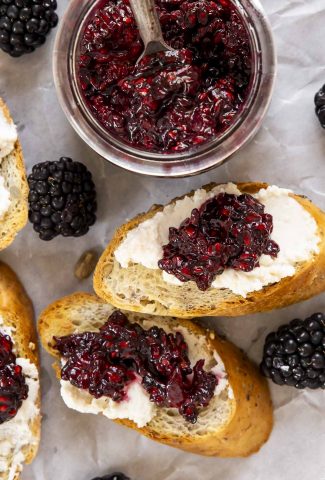 Blackberry compote on bread.