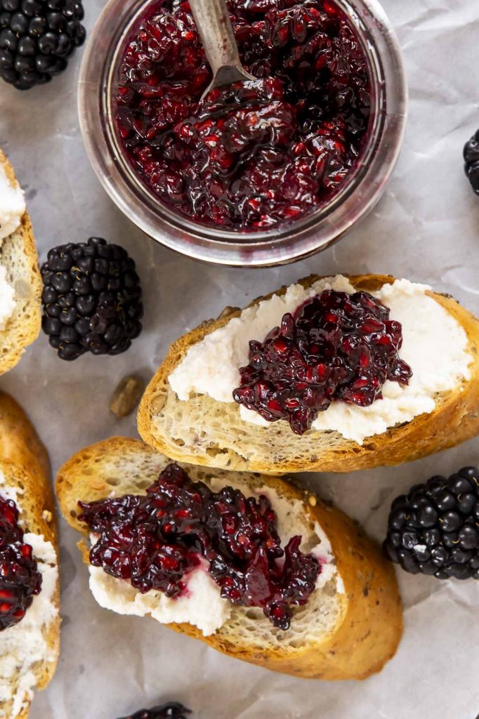 Blackberry compote on bread.
