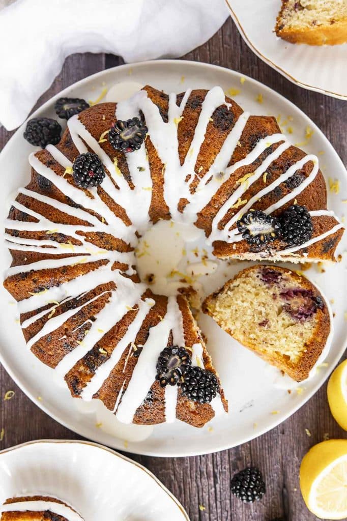 Top view of lemon blackberry cake.