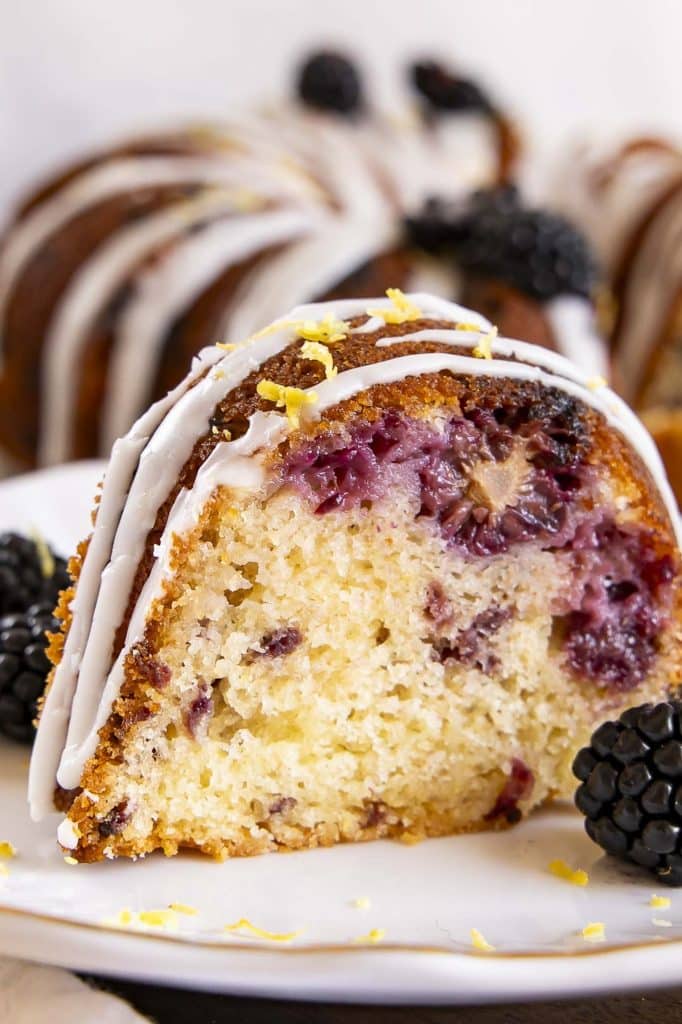 A slice of lemon blackberry cake.