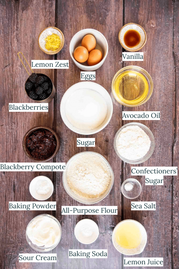Lemon blackberry cake ingredients.