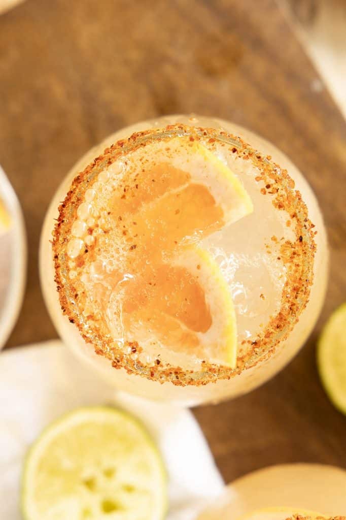 Top view of Paloma cocktail in a glass.