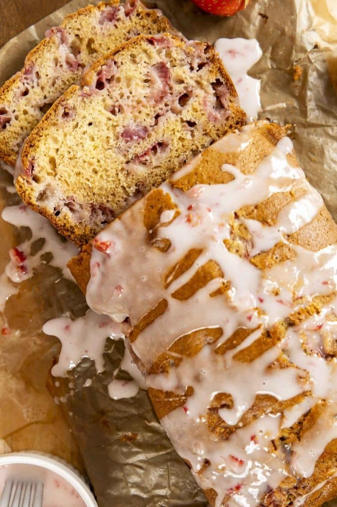 Top view of strawberry bread.