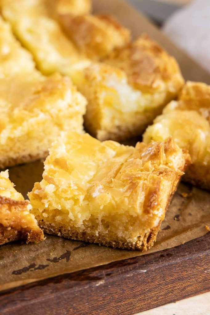Close up of gooey butter cake square.